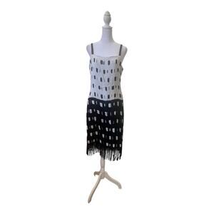 Paz‎ Torraz Dress Medium Black White Sleeveless Fringe Flapper Midi Geometric